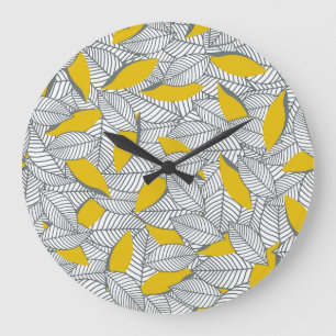 Grey and yellow leaf pattern. large clock