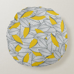 Grey and yellow leaf pattern. round pillow