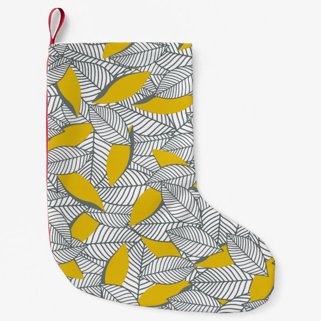 Grey and yellow leaf pattern. small christmas stocking (Front)