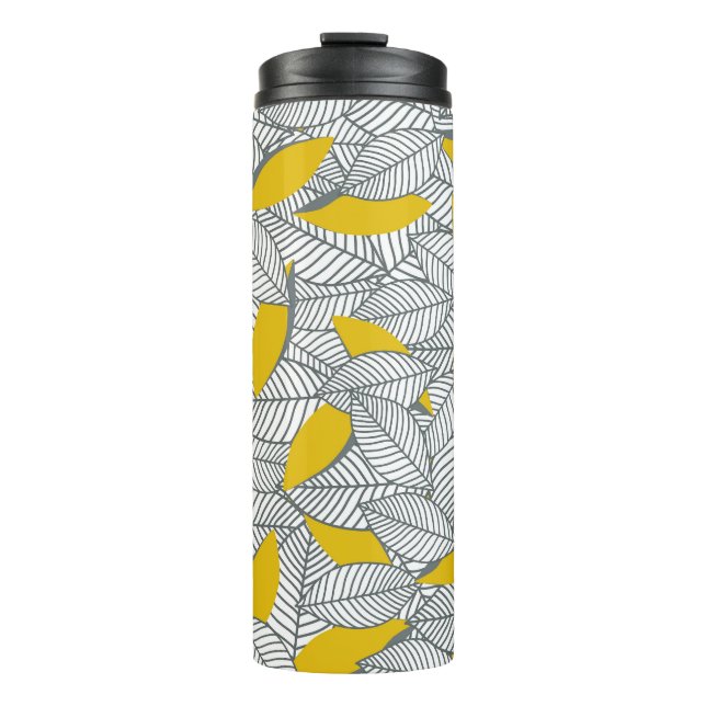 Grey and yellow leaf pattern. thermal tumbler (Front)