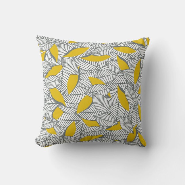 Grey and yellow leaf pattern. throw pillow (Front)