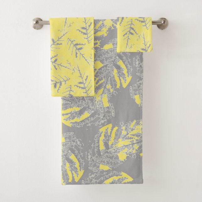 Grey and yellow leaves on a striped background. bath towel set (Insitu)