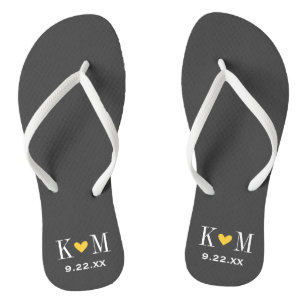 Grey and Yellow Modern Wedding Monogram Flip Flops