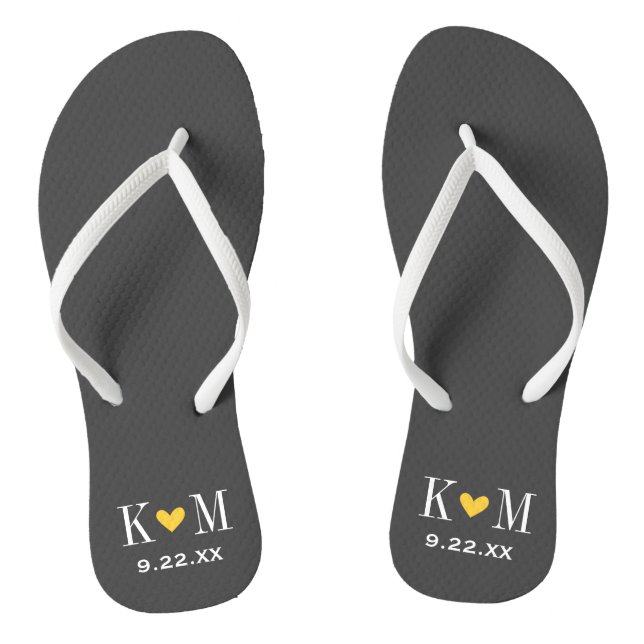 Grey and Yellow Modern Wedding Monogram Flip Flops (Footbed)