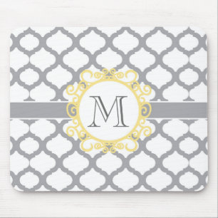 Grey and Yellow Moroccan Pattern with Monogram Mouse Pad