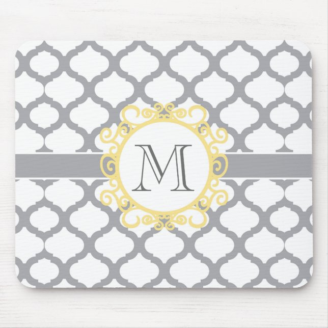Grey and Yellow Moroccan Pattern with Monogram Mouse Pad (Front)
