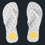 Grey and Yellow Moroccan Quatrefoil Monogram Flip Flops<br><div class="desc">Custom printed flip flop sandals with a stylish Moroccan quatrefoil pattern and your custom monogram or other text in a circle frame. Click Customize It to change text fonts and colours or add your own images to create a unique one of a kind design!</div>