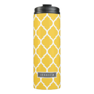 Grey and Yellow Moroccan Quatrefoil Monogram Thermal Tumbler