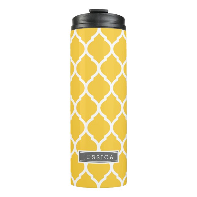 Grey and Yellow Moroccan Quatrefoil Monogram Thermal Tumbler (Front)