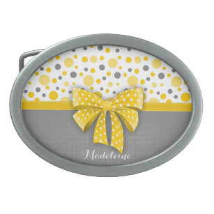 Grey and Yellow Polka Dots, Sunny Yellow Ribbon Belt Buckle