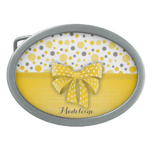 Grey and Yellow Polka Dots, Sunny Yellow Ribbon Belt Buckle