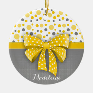 Grey and Yellow Polka Dots, Sunny Yellow Ribbon Ceramic Ornament