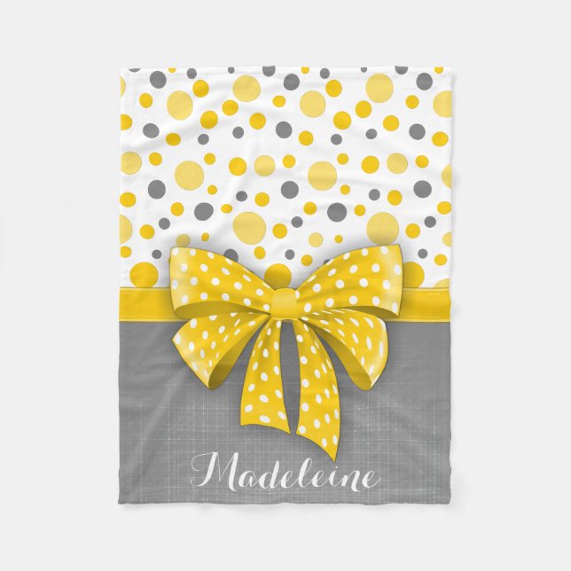 Grey and Yellow Polka Dots, Sunny Yellow Ribbon Fleece Blanket (Front)