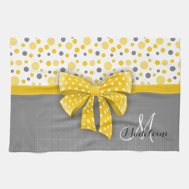 Grey and Yellow Polka Dots, Sunny Yellow Ribbon Kitchen Towel (Horizontal)