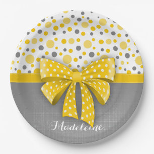 Grey and Yellow Polka Dots, Sunny Yellow Ribbon Paper Plate