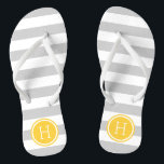 Grey and Yellow Preppy Stripes Monogram Flip Flops<br><div class="desc">Custom printed flip flop sandals with a preppy nautical stripe pattern and your custom monogram or other text in a circle frame. Click Customize It to change text fonts and colours or add your own images to create a unique one of a kind design!</div>