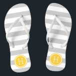 Grey and Yellow Preppy Stripes Monogram Flip Flops<br><div class="desc">Custom printed flip flop sandals with a preppy nautical stripe pattern and your custom monogram or other text in a circle frame. Click Customize It to change text fonts and colours or add your own images to create a unique one of a kind design!</div>