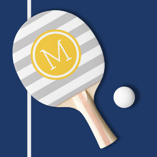 Grey and Yellow Preppy Stripes Monogram Ping Pong Paddle