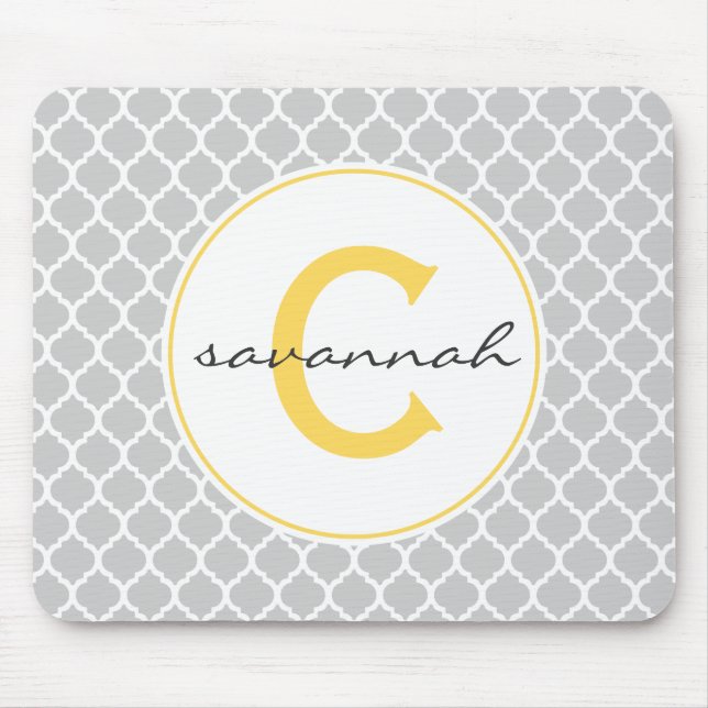 Grey and Yellow Quatrefoil Monogram Mouse Pad (Front)