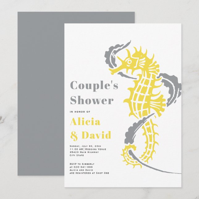 Grey and yellow seahorse beach couples shower invitation (Front/Back)