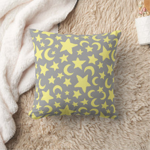 Grey and Yellow Stars and Moons Throw Pillow