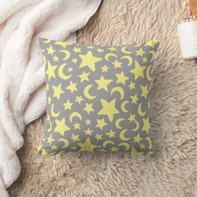 Grey and Yellow Stars and Moons Throw Pillow (Blanket)