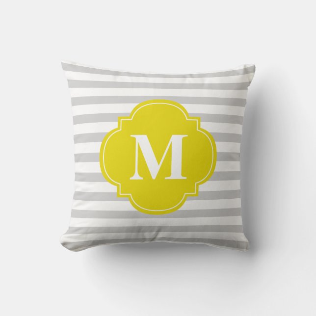 Grey and Yellow Stripes Monogram Throw Pillow (Front)