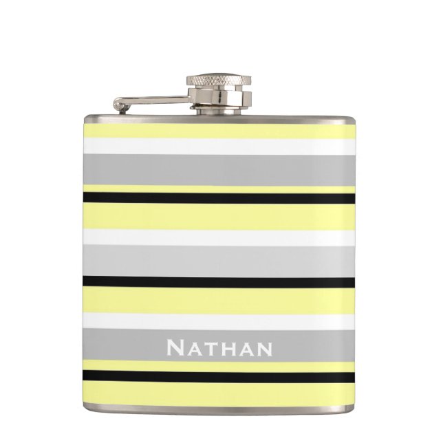 Grey and Yellow Stripes Stylish Personalised Hip Flask (Front)
