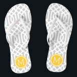 Grey and Yellow Trellis Monogram Flip Flops<br><div class="desc">Custom printed flip flop sandals with a stylish modern trellis pattern and your custom monogram or other text in a circle frame. Click Customize It to change text fonts and colours or add your own images to create a unique one of a kind design!</div>