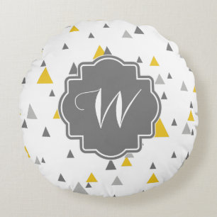 Grey And Yellow Triangles Modern Pattern Round Pillow