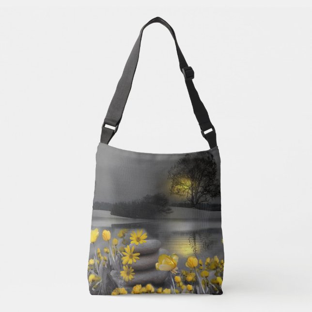 Grey and yellow tulips, daisies with a sunset crossbody bag (Front)