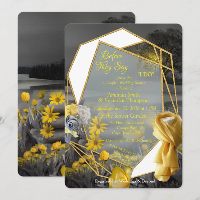 Grey and yellow tulips, daisies with a sunset invitation (Front/Back)
