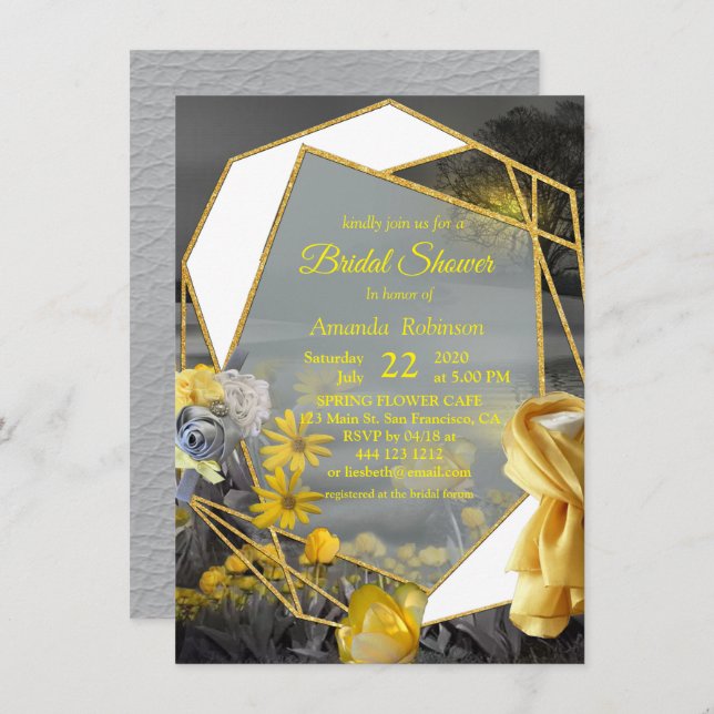 Grey and yellow tulips, daisies with a sunset invitation (Front/Back)