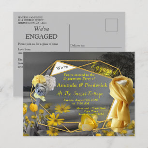 Grey and yellow tulips, daisies with a sunset invitation postcard
