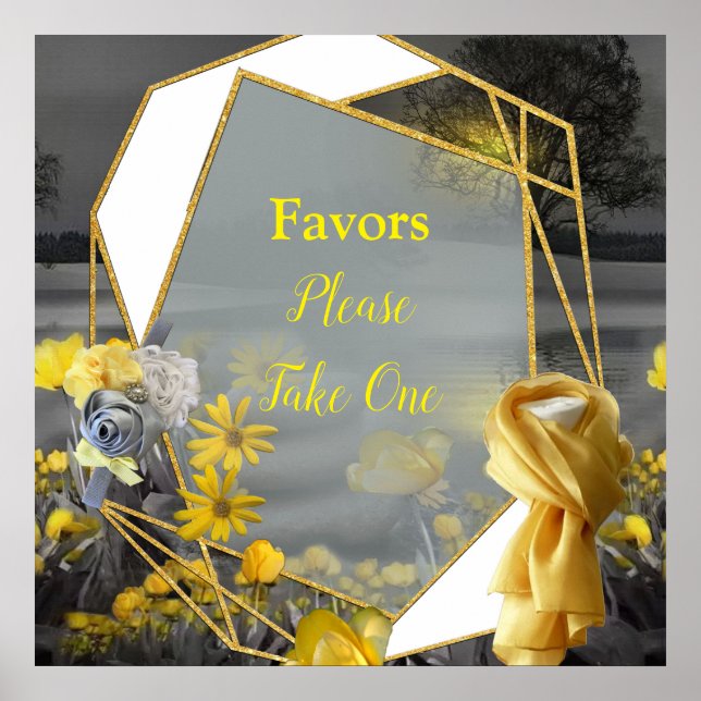 Grey and yellow tulips, daisies with a sunset poster (Front)