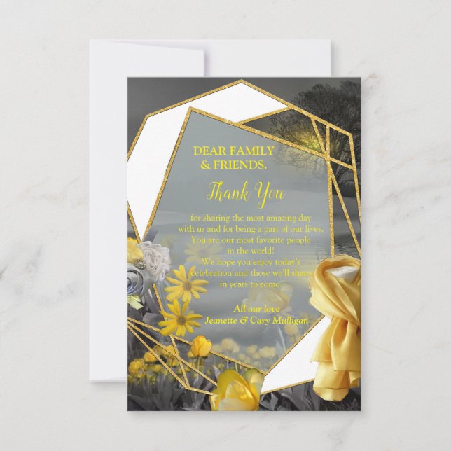 Grey and yellow tulips, daisies with a sunset RSVP card (Front)
