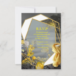 Grey and yellow tulips, daisies with a sunset RSVP card