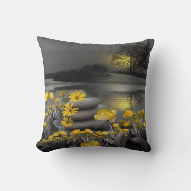 Grey and yellow tulips, daisies with a sunset throw pillow (Front)