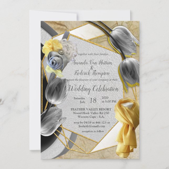 Grey and Yellow tulips on texture Invitation (Front)