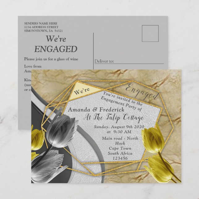 Grey and Yellow tulips on texture. Invitation Postcard (Front/Back)