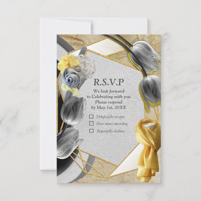 Grey and Yellow tulips on texture RSVP Card (Front)