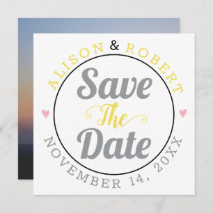 Grey and yellow typography photo on the back save the date
