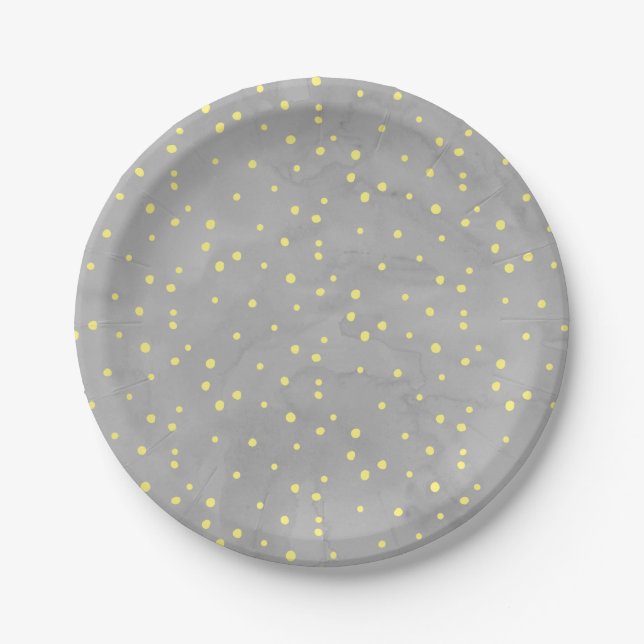 Grey and Yellow Watercolor Dots Paper Plate (Front)