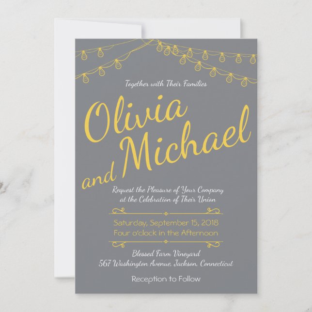 Grey and Yellow Wedding Invitation with Lights (Front)
