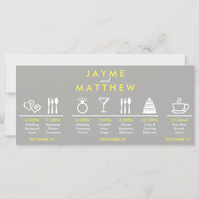 Grey and Yellow Wedding Timeline Welcome Bag Note (Front)