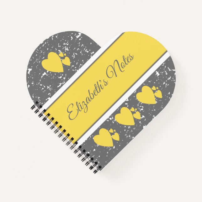 Grey and yellow with a name and love hearts notebook (Front)