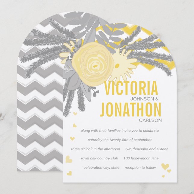 Grey and Yellow Zig Zag Typography Wedding Invitation (Front/Back)