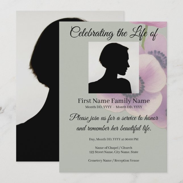 Grey anemone memorial invitation (Front/Back)