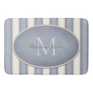 Grey & Antique White Stripes Oval Framed Monogram Bath Mat