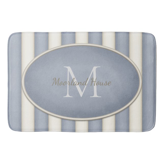 Grey & Antique White Stripes Oval Framed Monogram Bath Mat (Front)